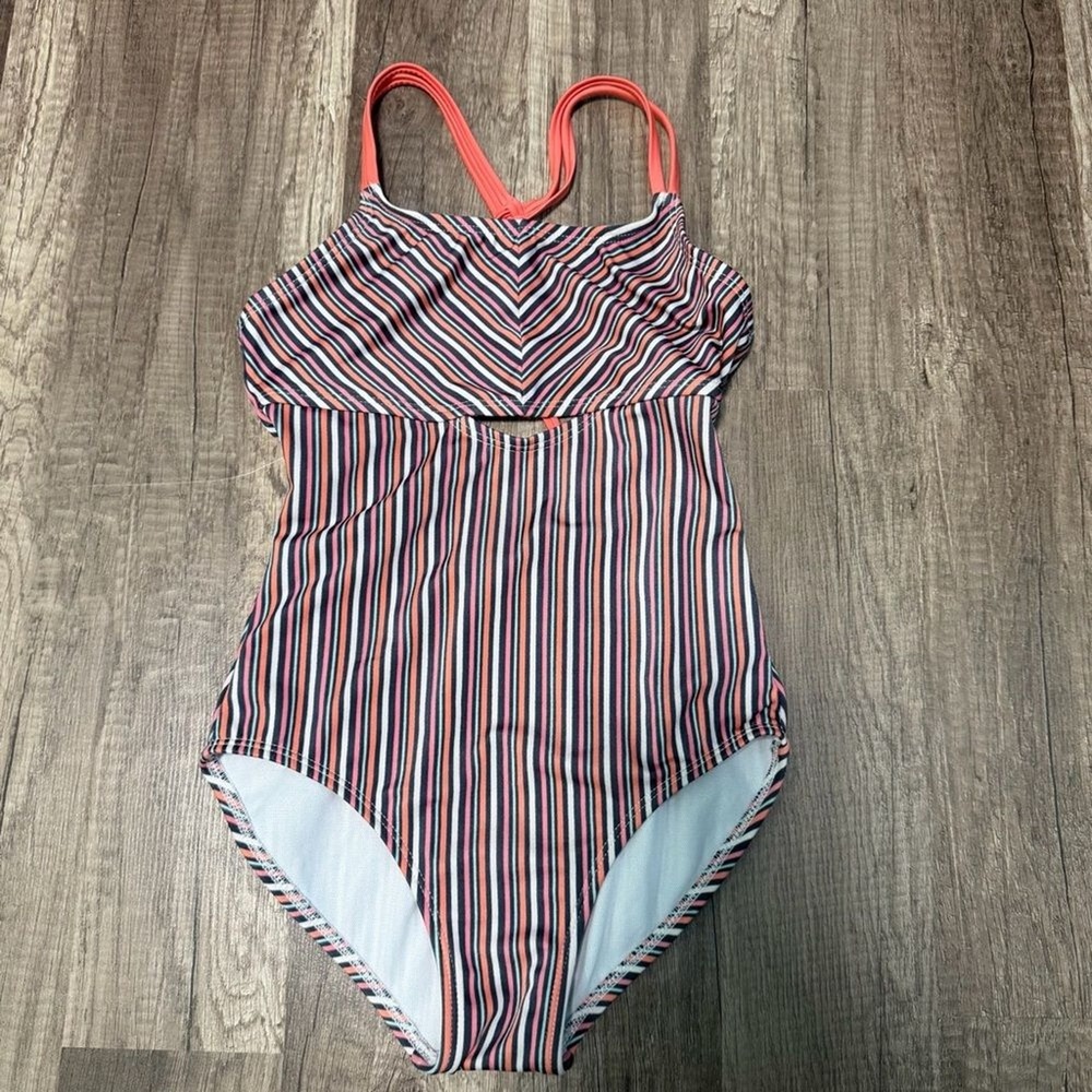 Art Class Girls One Piece Swimsuit Multi Color Stripe Braided Racerback M 7/8